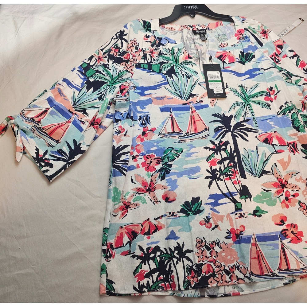 Jones New York Petite Large Tropical 3/4 Sleeve Linen Blend Shirt NWT 1297